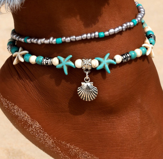 Turquoise Beach Anklet with Sea Turtle and Starfish Pendant