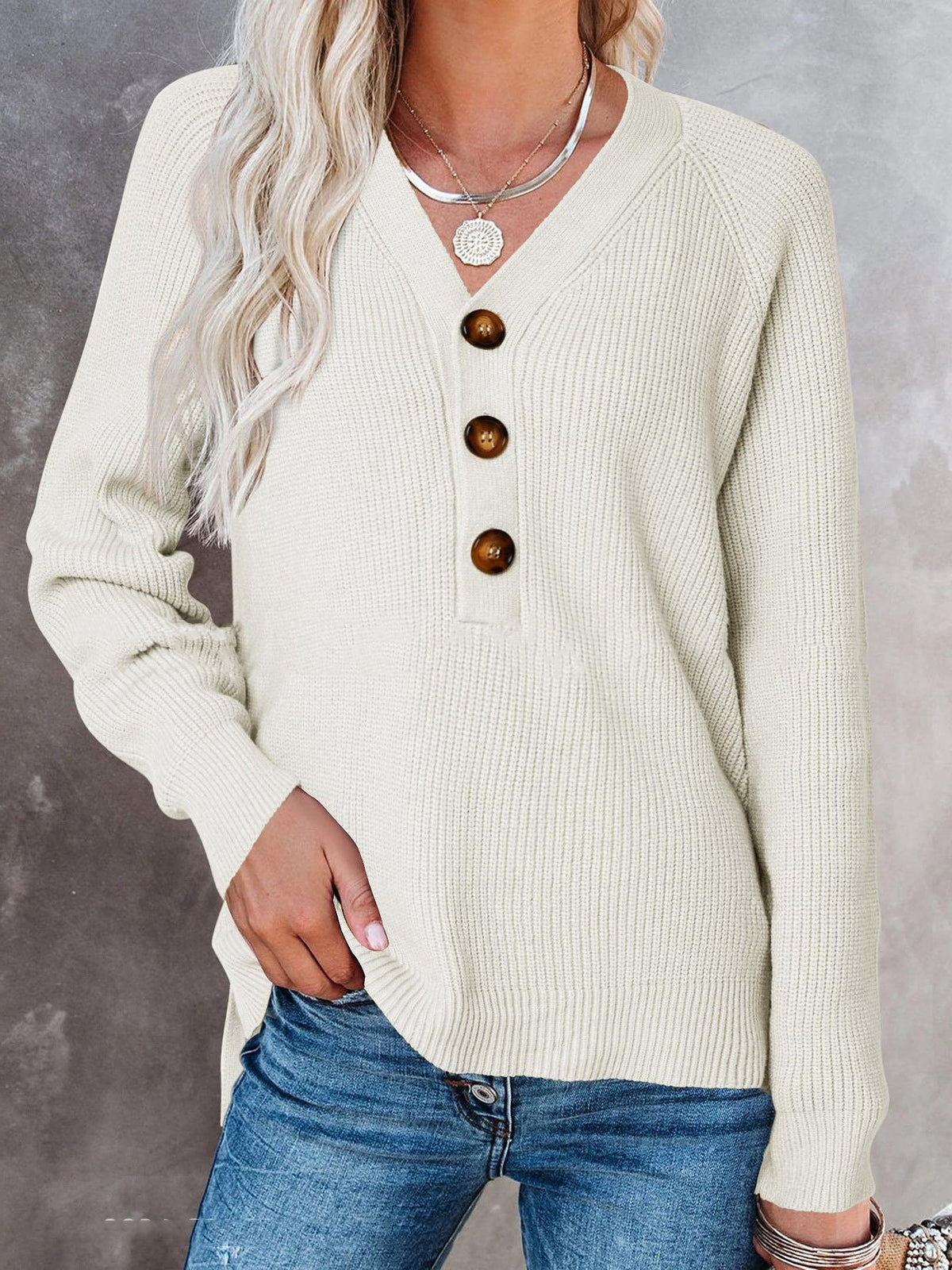 Women’s Button Knitted V-Neck Sweater – Cotton Loose-Fit Long Sleeve Pullover, 11 Colors, S–3XL
