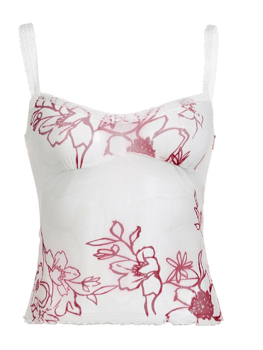 Women’s Mesh Plant Print Halter Tank Top – Low-Cut Sleeveless Summer Top