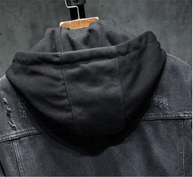 Men’s Thickened Denim Jacket with Hood for Winter