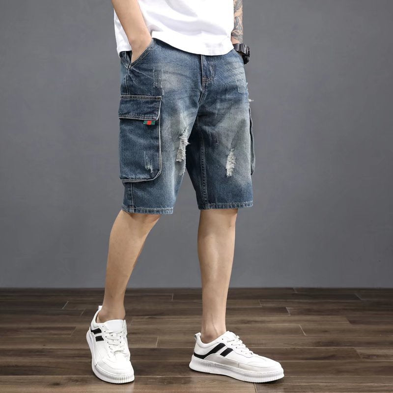 Men’s Summer Loose-Fit Cargo Denim Shorts – Casual Multi-Pocket Beach Shorts