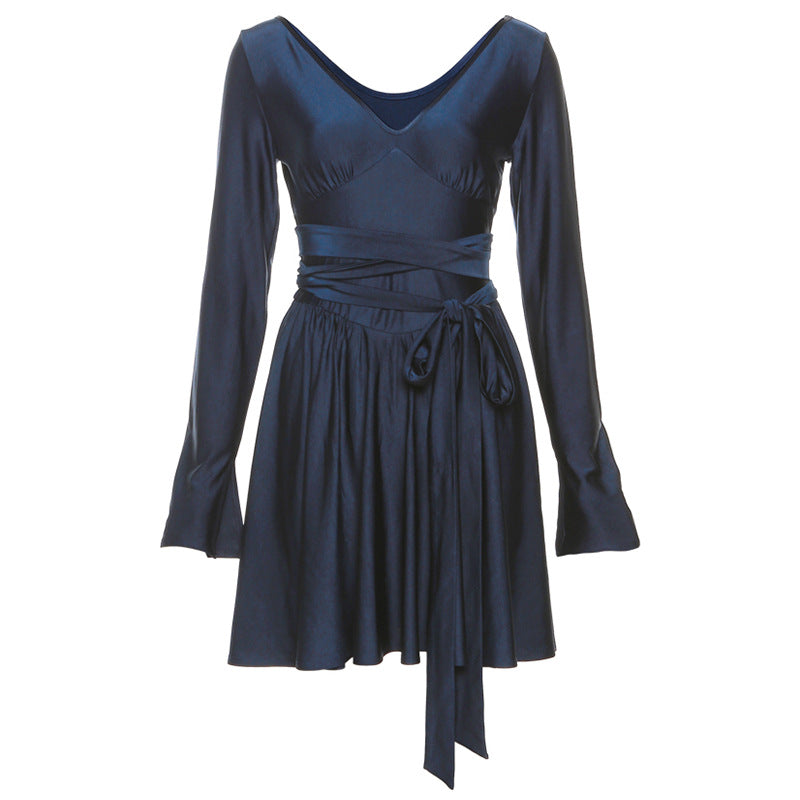 Women’s V-Neck Backless Dress with Waist Tie – Elegant Fashion Dress