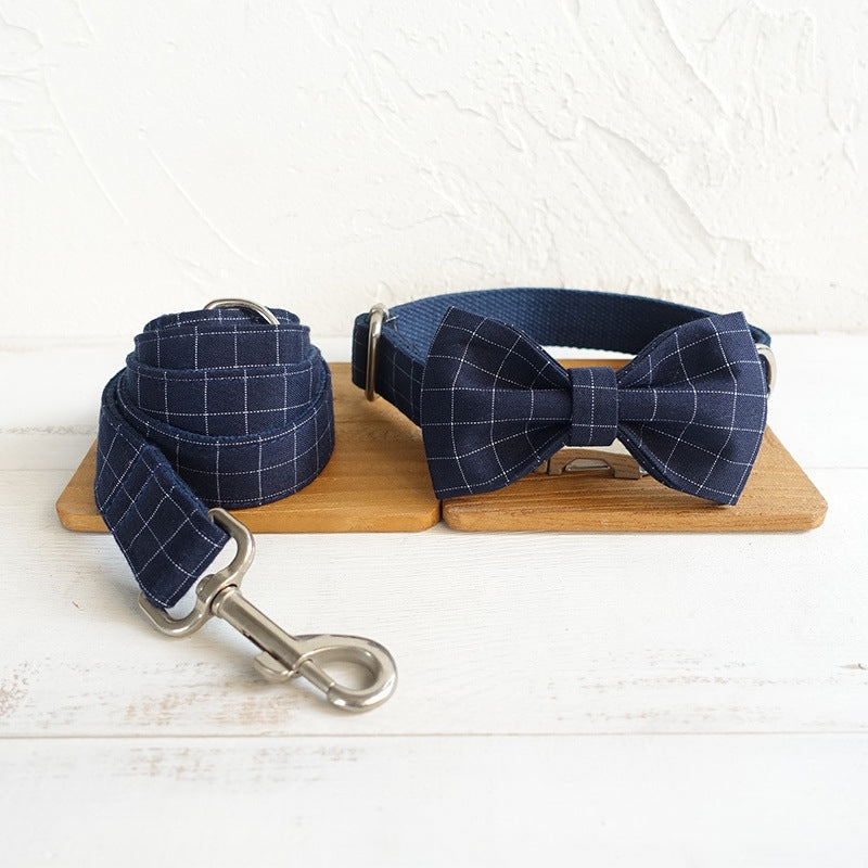 Double Bow Dog Collar – Blue Plaid Adjustable Polyester Pet Collar for Dogs