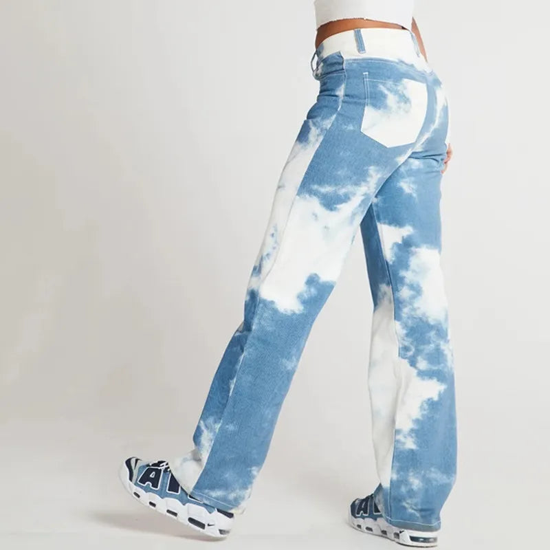 Women’s Tie-Dye Print Straight-Leg Jeans – Stretch Blue Denim Relaxed Fit, XS–2XL
