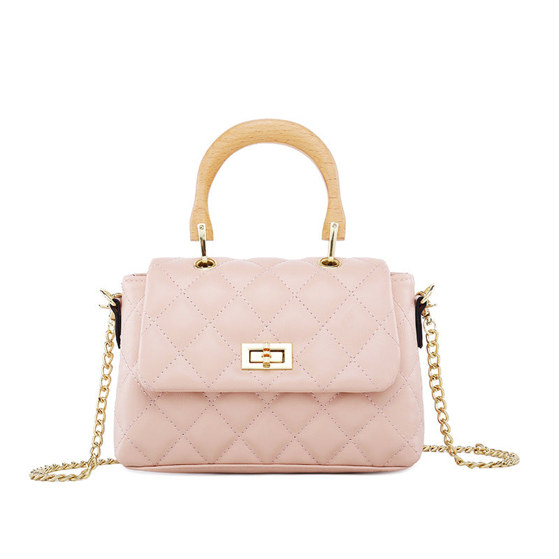 Diamond Check PU Handbag – Chic Wooden Ring Handle Women’s Shoulder Bag