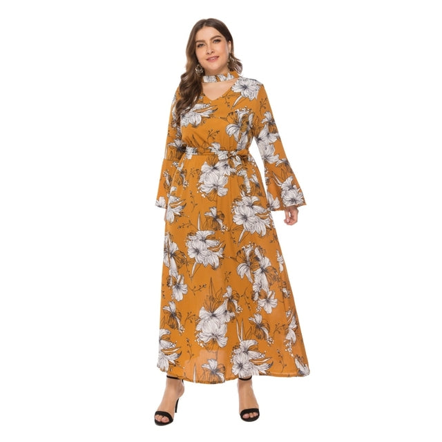 Plus Size Boho Floral Maxi Dress – Choker V-Neck Long Sleeve Dress XL–3XL