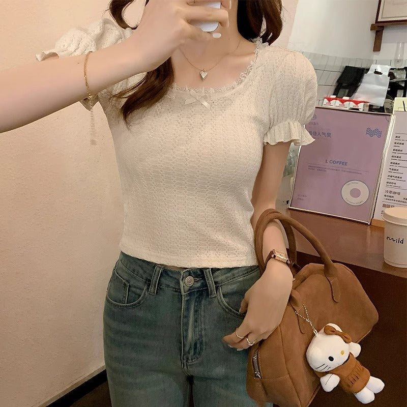 French Puff Sleeve T-Shirt for Women, Retro Chic Style