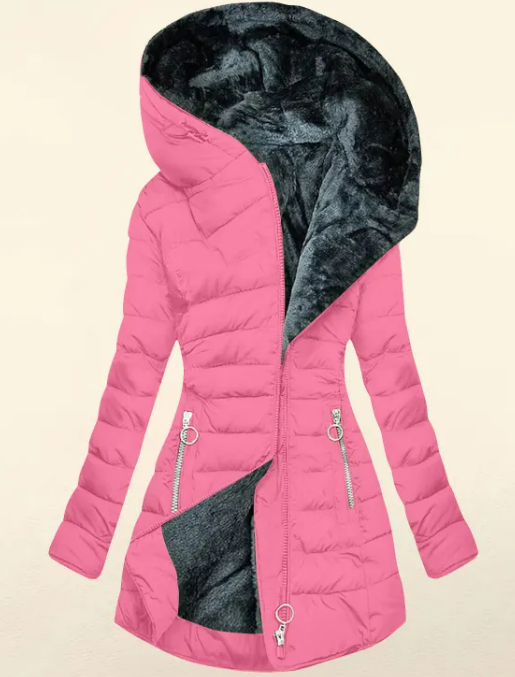 Women’s Plush Hooded Cotton-Padded Coat – Mid-Length Oblique Zipper Winter Jacket, S–5XL
