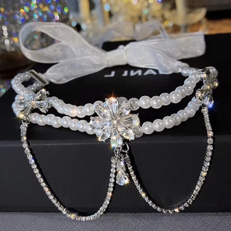 Baroque Vintage Zirconia Pearl Tulle Choker Necklace