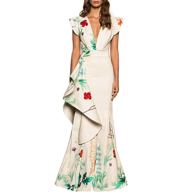 Elegant Mermaid Evening Gown – White V-Neck Ruffled Formal Dress