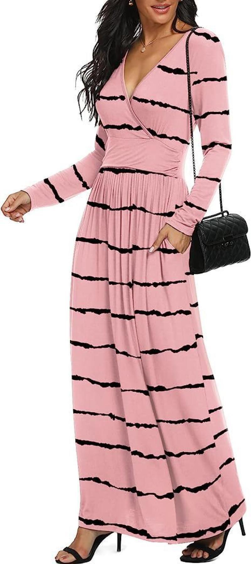 Women’s Geometric Striped Long Dress – Flowing Polyester Casual Maxi Dress, S–5XL