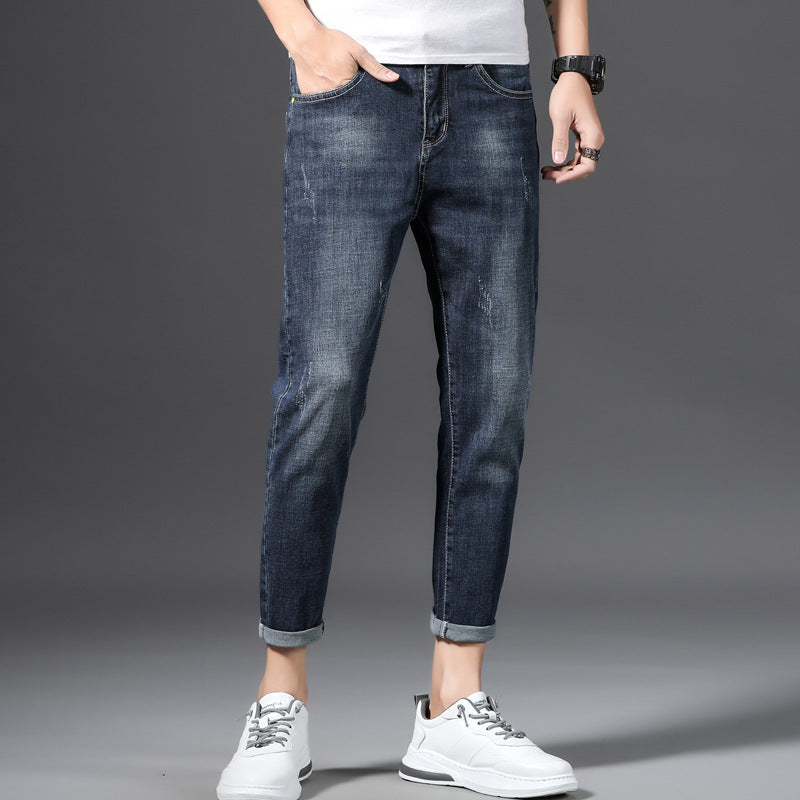 Men’s Korean Style Slim-Fit Cropped Jeans – 96.6% Cotton Stretch Washed Blue Denim, Sizes 28–36