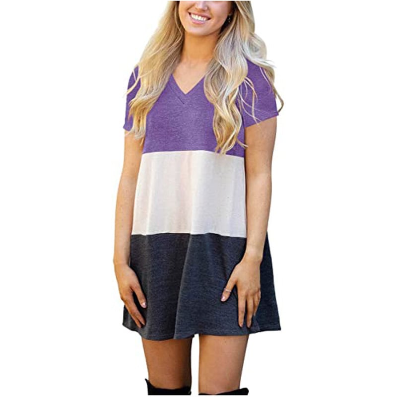 Color Matching V-neck Loose T-shirt Dress for Women