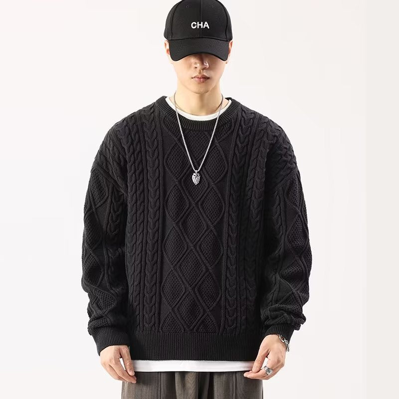 Men’s Loose Round Neck Sweater – Soft Chenille Long Sleeve Casual Pullover, Black & Ink, M–2XL