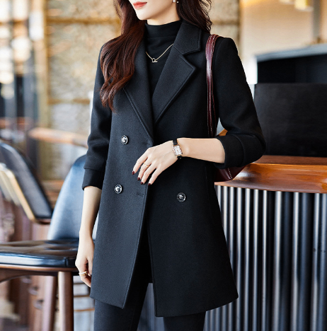 Women’s Black Double-Breasted Suit Jacket – Loose-Fit Mid-Length Fall & Winter Blazer Coat, S–XXL