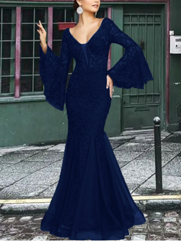 Women's Elegant Mermaid Evening Gown – V-Neck Embroidered Formal Dress