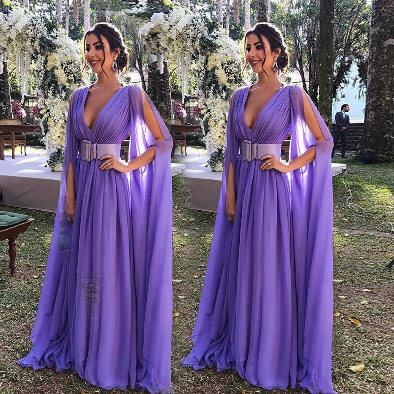Women’s Deep V-Neck Chiffon Evening Gown – Elegant Long Formal Dress