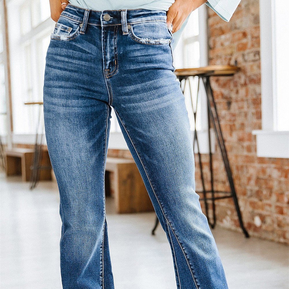 Women’s Washed High-Waist Paneled Flare Jeans – Vintage Blue Denim, S–XL
