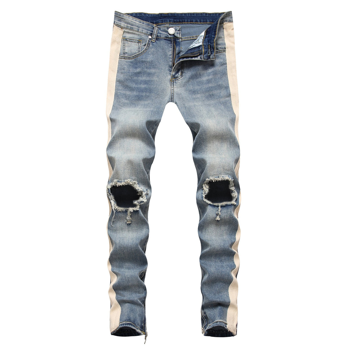 Men’s Retro White Striped Ripped Jeans – Stretch Cotton Straight-Leg Blue Denim, S–XL