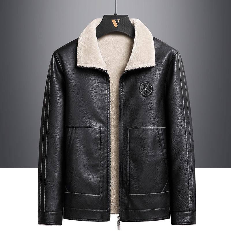 Men’s Fleece Leather Jacket with Contrast Color Design – Casual Winter Jacket