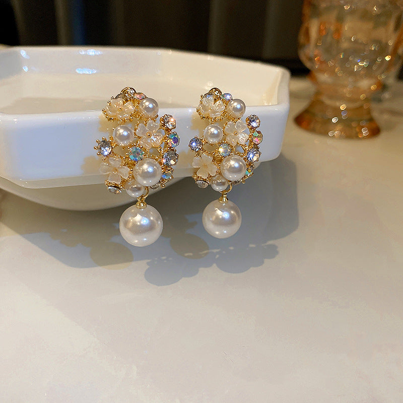 Korean-Style 925 Silver Flower Pearl Earrings – Elegant Floral Jewelry