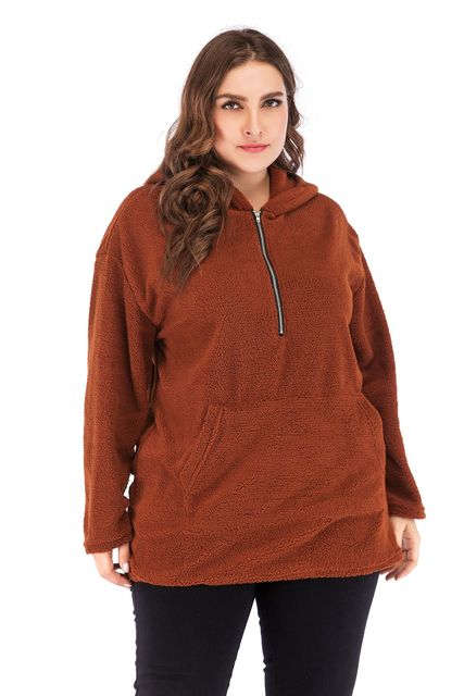 Women’s Plus Size Hooded Lamb Wool Sweater – Mid-Length Long Sleeve Camel Pullover, XL–4XL