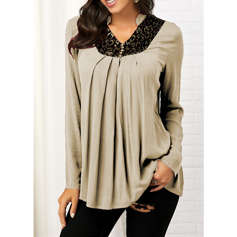 Women's V-Neck Floral Print Lace Top – Long Sleeve Slim Fit Blouse