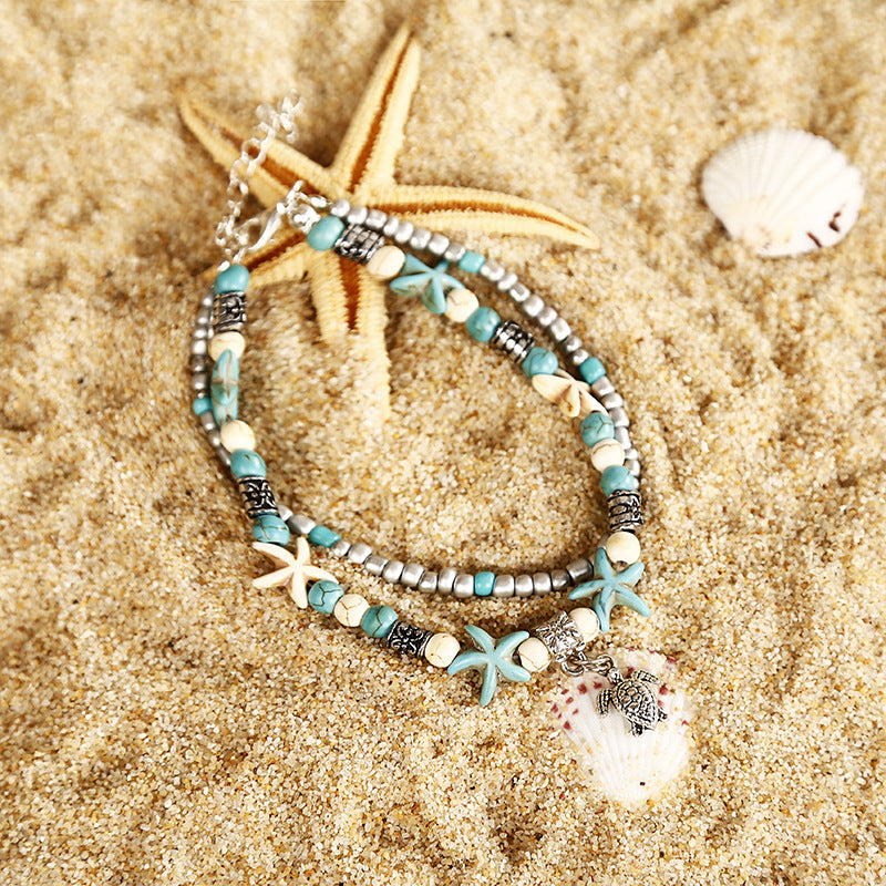 Double Layer Anklet with Starfish and Turtle Pendant