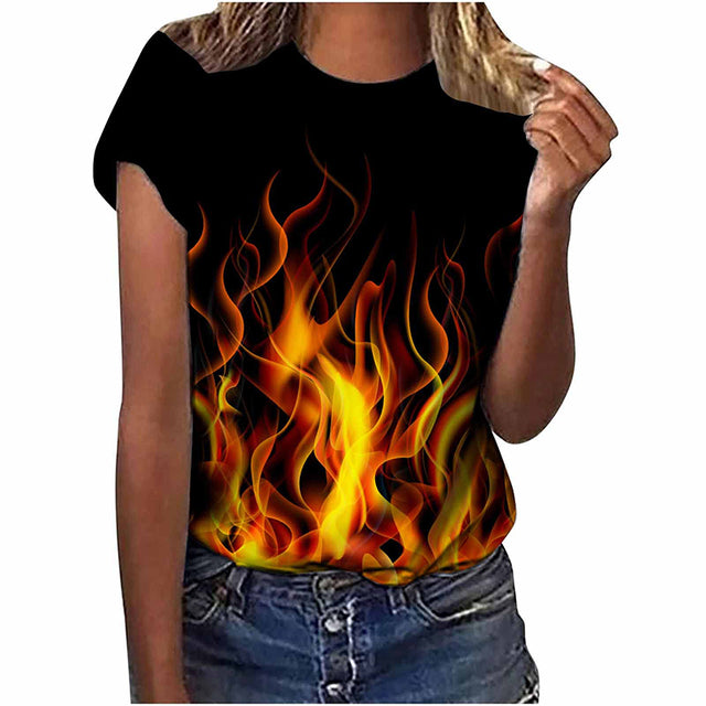 Women’s Colorful Flame 3D Print Oversized T-Shirt – Summer Streetwear Tee