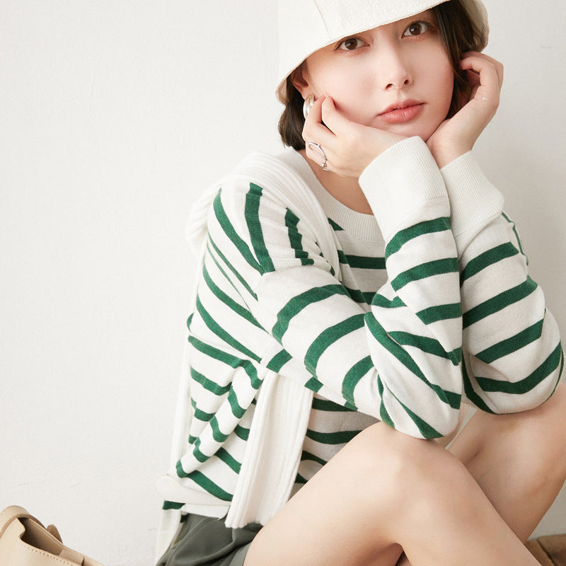 Striped Long Sleeve Round Neck T-Shirt for Women