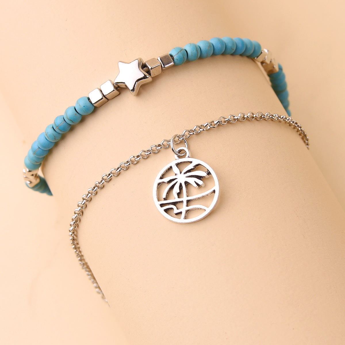 Bohemian Star Turquoise Anklet with Cube Beads