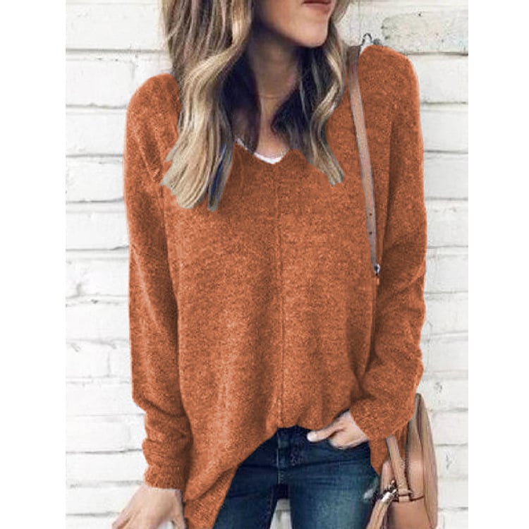 Women’s Plus Size V-Neck Fleece Pullover Sweater – Thick Cotton Spliced Warm Top, 6 Colors, S–5XL