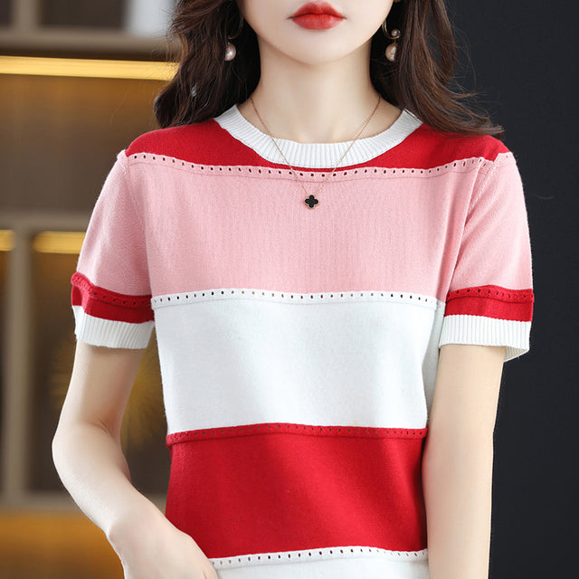 Cotton Contrast Panel Casual Knit T-Shirt for Women