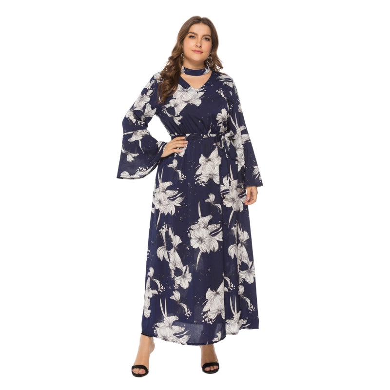 Plus Size Boho Floral Maxi Dress – Choker V-Neck Long Sleeve Dress XL–3XL