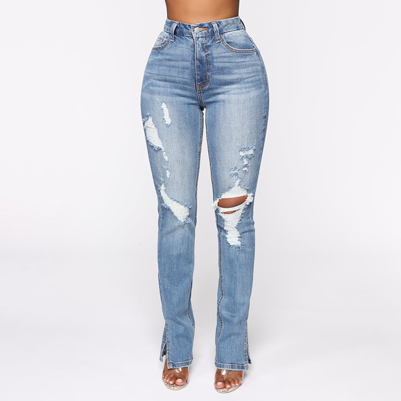 Women’s High-Waist Water-Washed Ripped Jeans – Blue Straight-Leg Cotton Denim, S–2XL