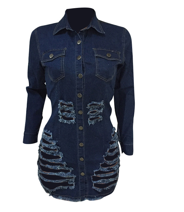 Women’s Distressed Navy Blue Denim Dress – Soft Breathable Cotton Casual Dress, S–XXL
