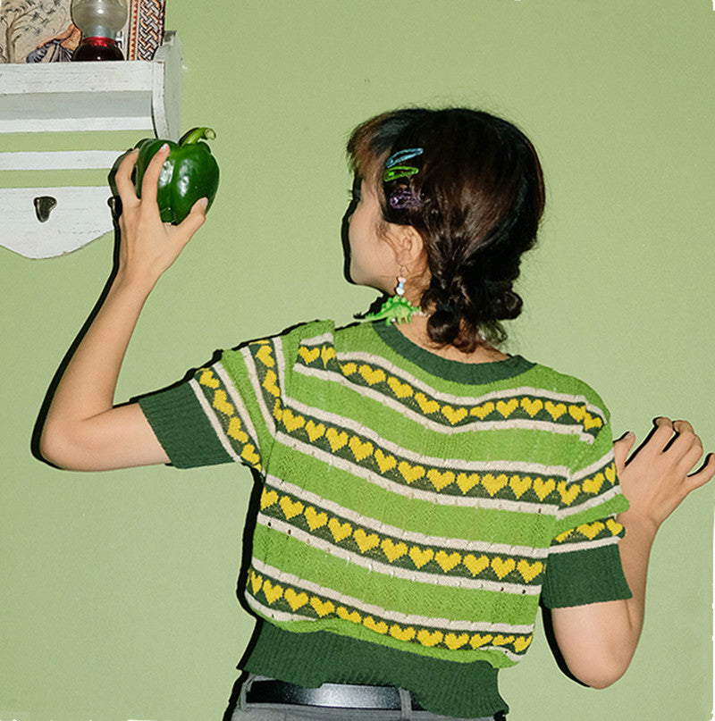 Avocado Green Knit Short Sleeve T-Shirt for Women