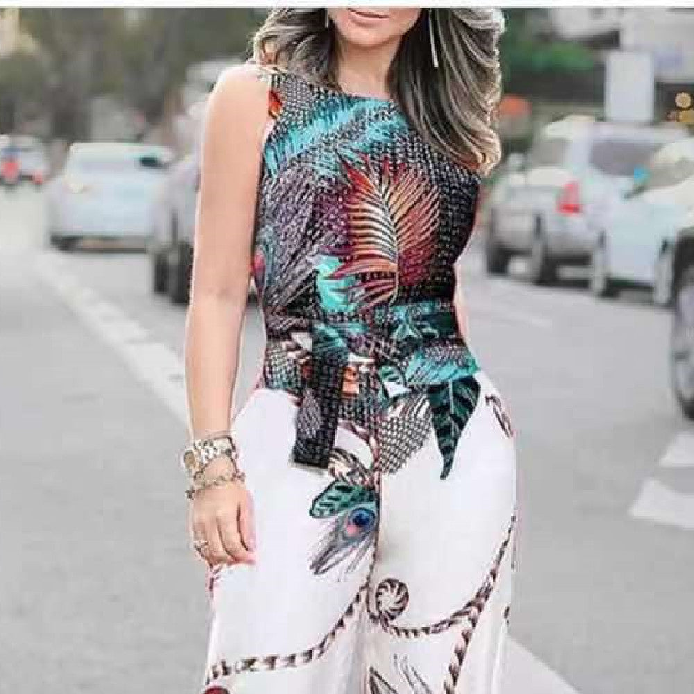 Retro Printed Jumpsuit for Women – Peacock Feather Straight Leg