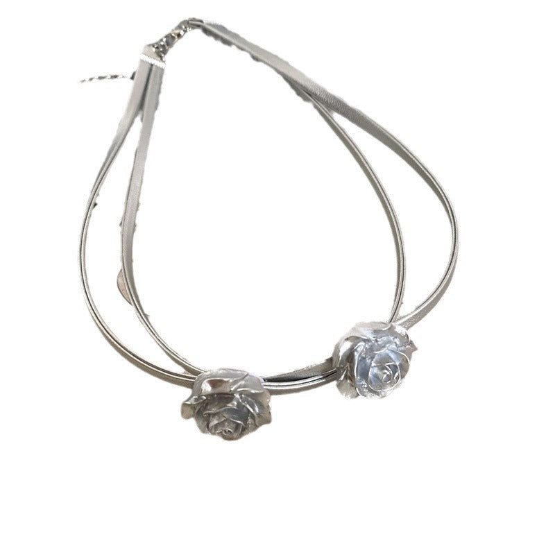 Silver Rose Choker Necklace for Women - Layered Design
