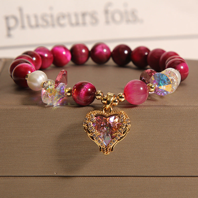 Women’s Rose Red Tigereye Crystal Heart Bracelet – Colorful Love Jewelry