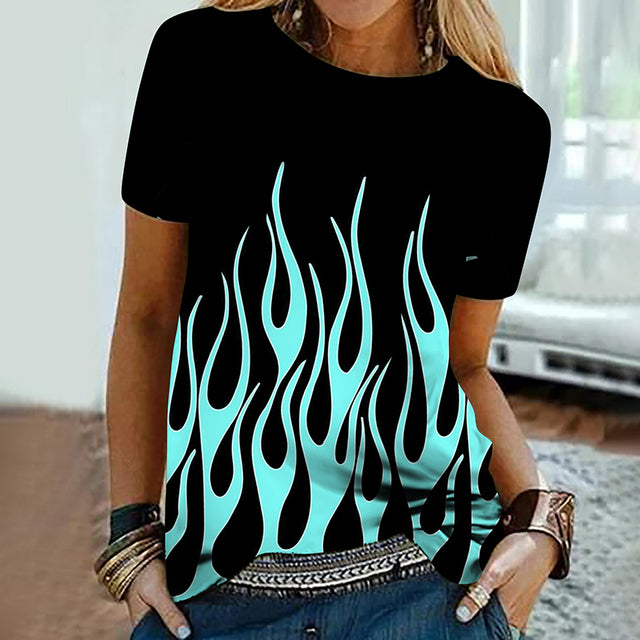 Women’s Colorful Flame 3D Print Oversized T-Shirt – Summer Streetwear Tee