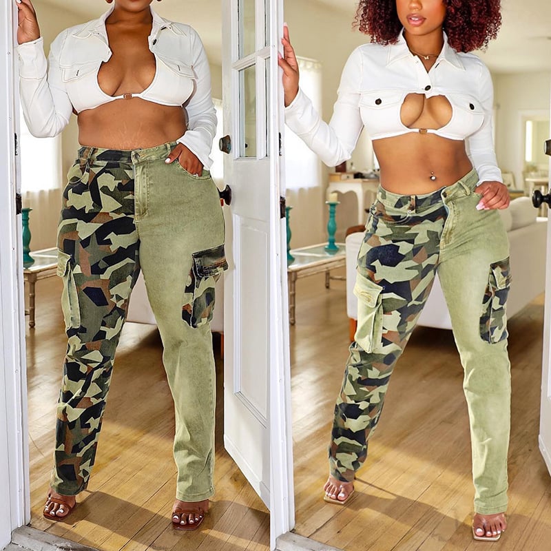 Women’s Colorblock Slim-Fit Camo Jeans – Cotton Stretch Camouflage Pencil Pants, S–L