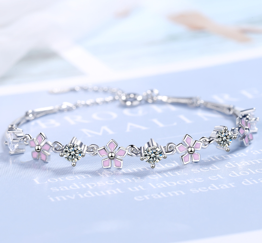 Women’s Cherry Blossom Bracelet – Silver Platinum-Plated Floral Jewelry