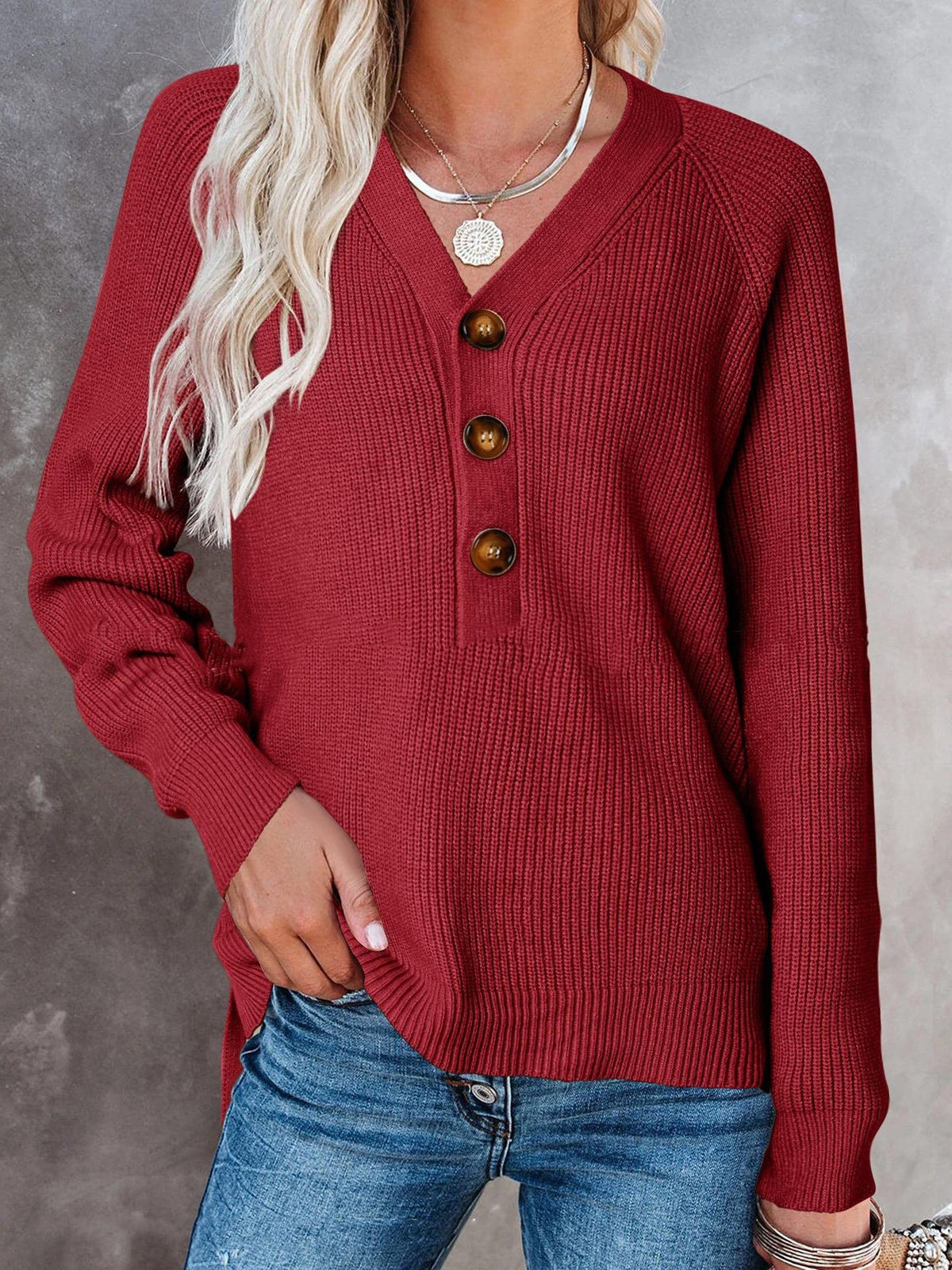 Women’s Button Knitted V-Neck Sweater – Cotton Loose-Fit Long Sleeve Pullover, 11 Colors, S–3XL