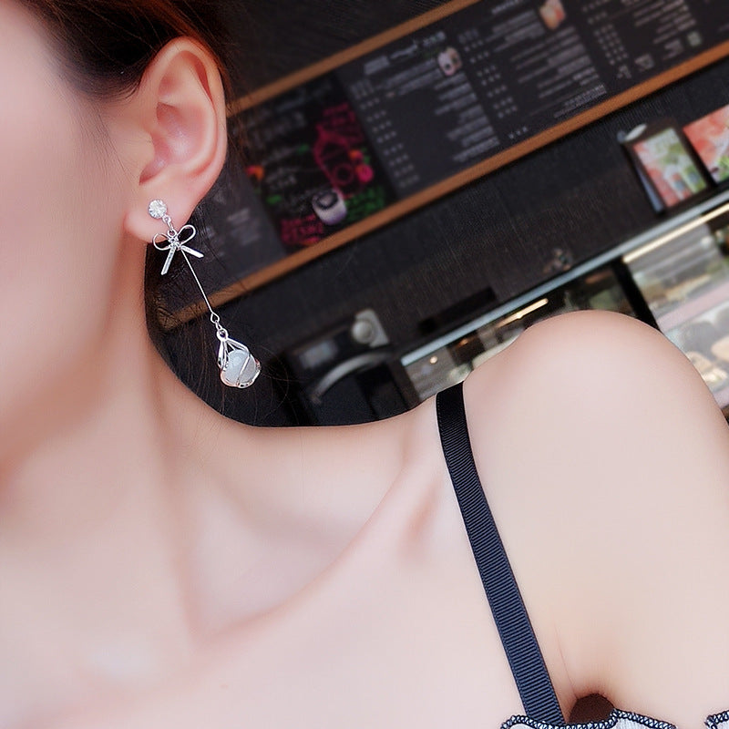 Korean Bowknot Cat’s Eye Tassel Earrings – Minimalist Long Drop Jewelry