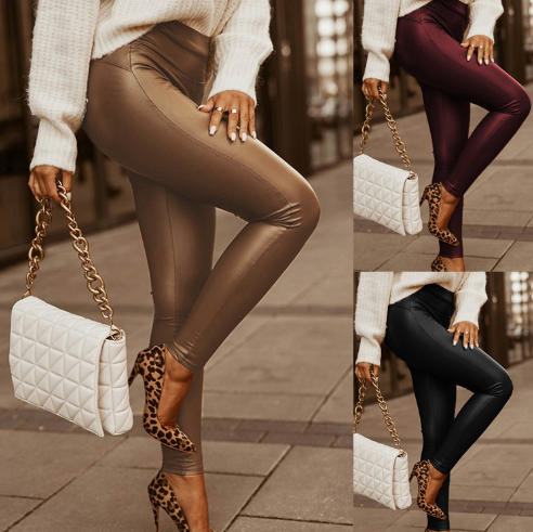 Women’s PU Leather Skinny Pants – Casual Zip Stretch Trousers in Khaki, Black & Wine Red, S–XL