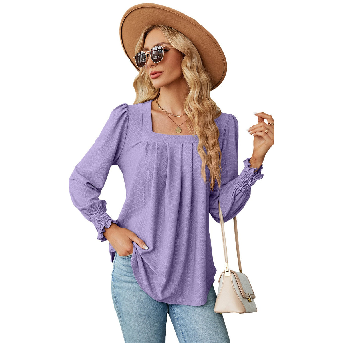 Jacquard Pleated Long-Sleeve Square Neck T-shirt for Women