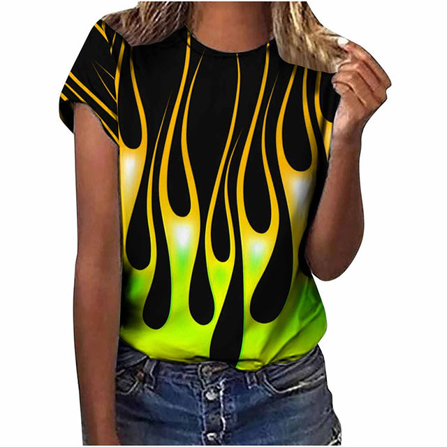Women’s Colorful Flame 3D Print Oversized T-Shirt – Summer Streetwear Tee