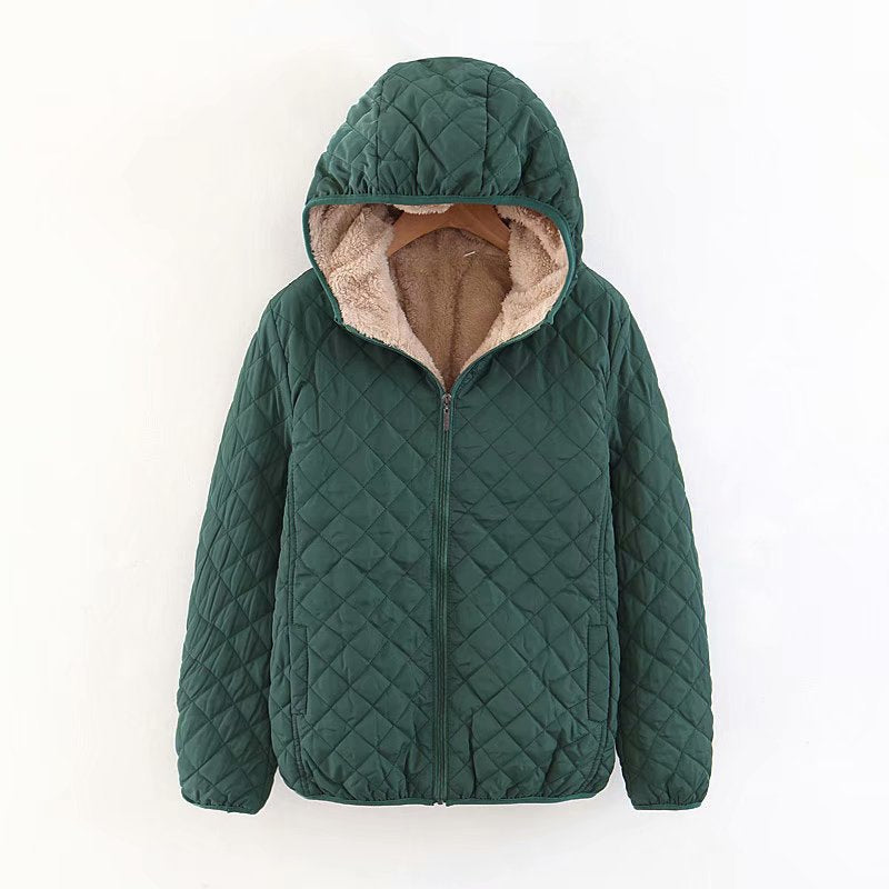 Women’s Plus Size Korean Plaid Fleece Jacket – Hooded Lamb Fleece Winter Coat, 10 Colors, S–3XL