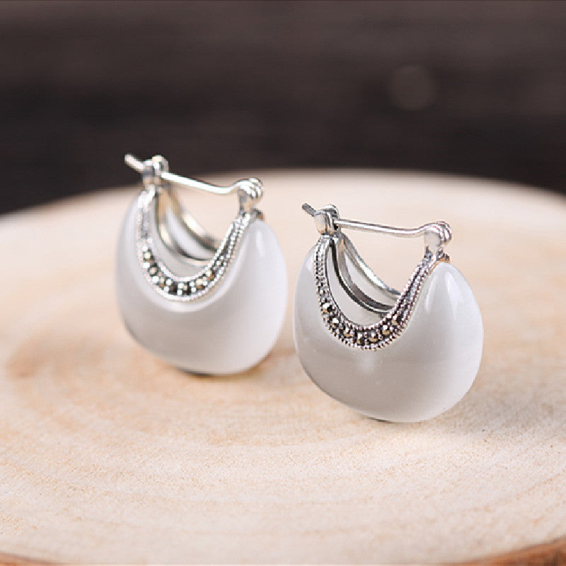 Vintage 925 Silver Cat’s Eye Earrings – Elegant Thai-Inspired Green & White Jewelry
